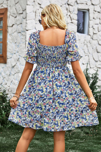 Square Neck Floral Printed Apricot Summer Dress with Short Sleeves