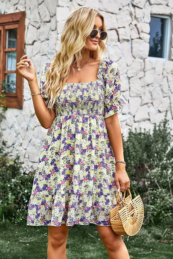 Square Neck Floral Printed Apricot Summer Dress with Short Sleeves