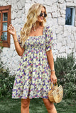 Square Neck Floral Printed Apricot Summer Dress with Short Sleeves