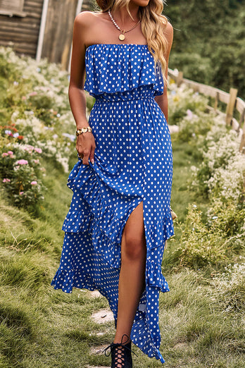 Strapless Polka Dots Burgundy Long Summer Dress