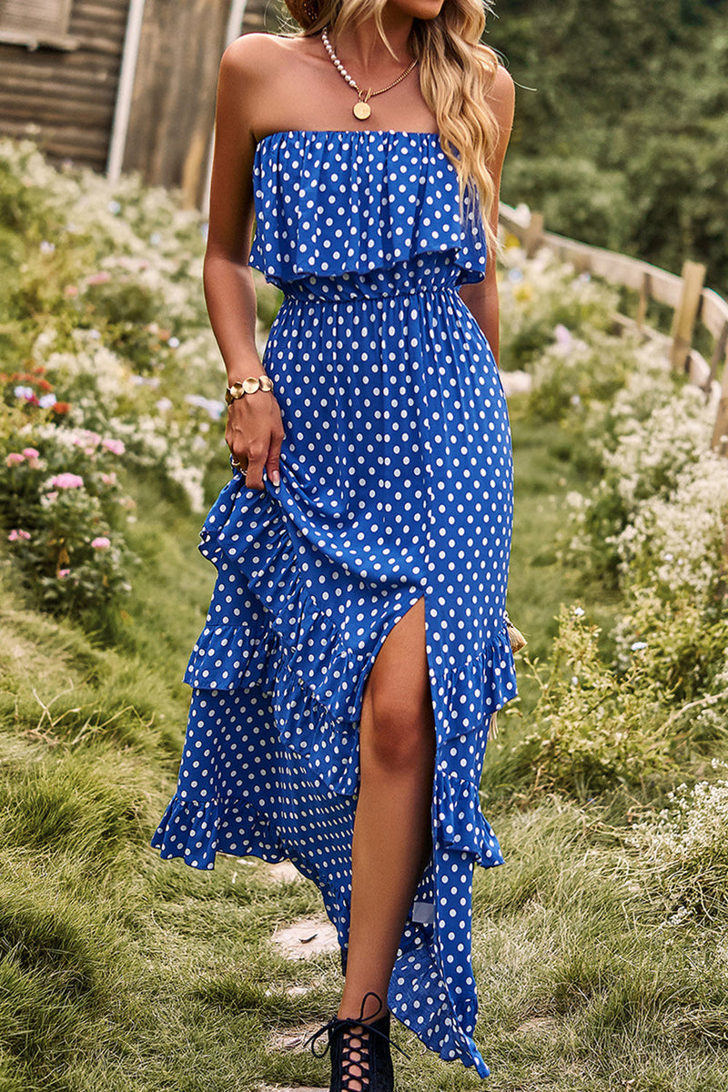 Load image into Gallery viewer, Strapless Polka Dots Burgundy Long Summer Dress