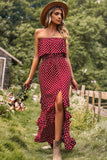 Strapless Polka Dots Burgundy Long Summer Dress