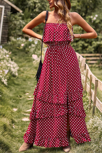 Strapless Polka Dots Burgundy Long Summer Dress