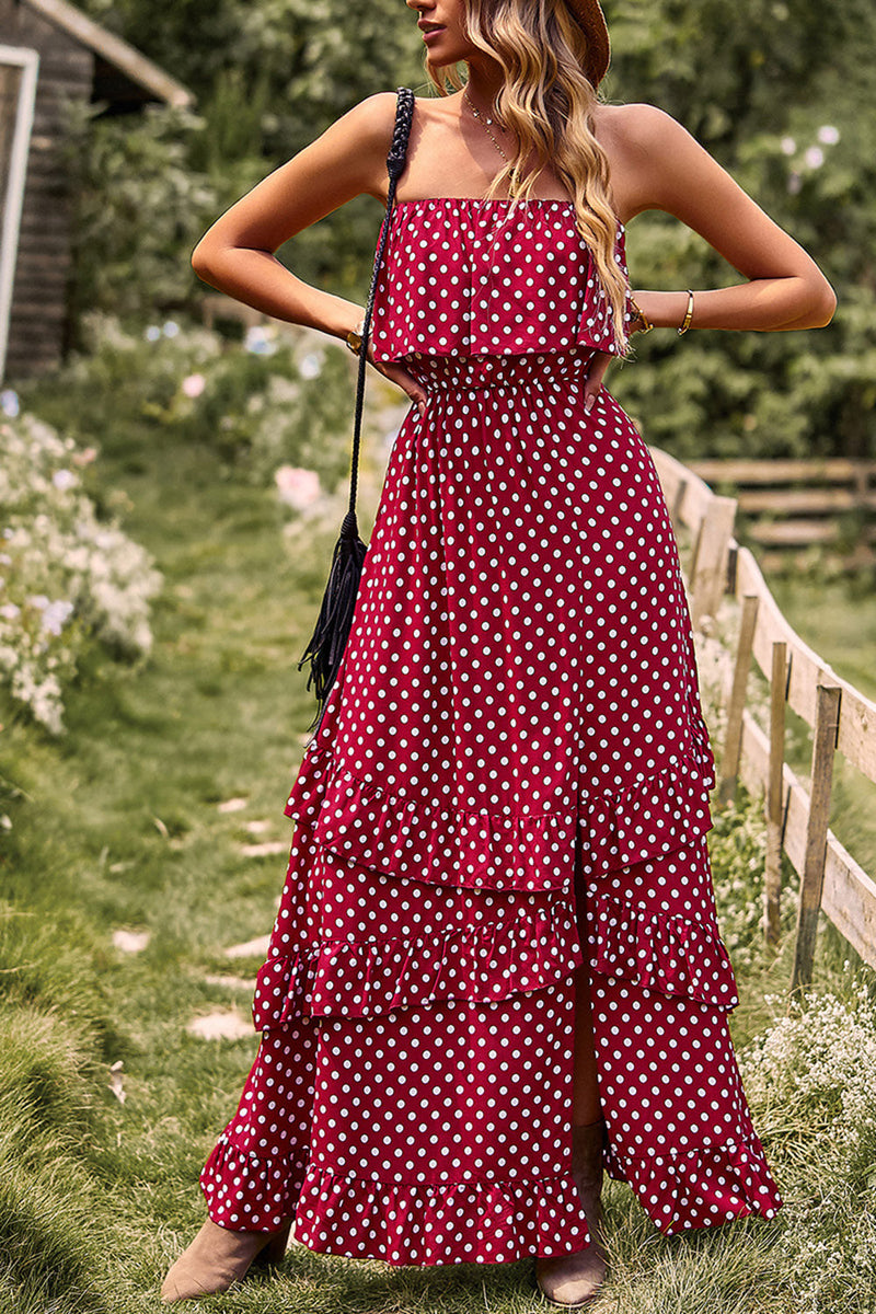 Load image into Gallery viewer, Strapless Polka Dots Burgundy Long Summer Dress