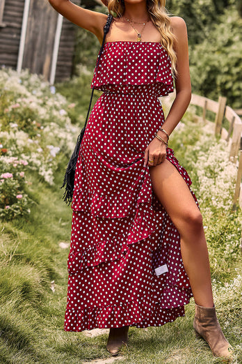 Strapless Polka Dots Burgundy Long Summer Dress