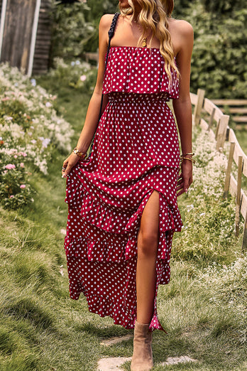 Strapless Polka Dots Burgundy Long Summer Dress