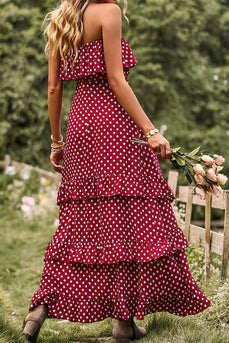 Strapless Polka Dots Burgundy Long Summer Dress