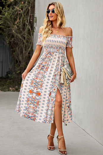 Off the Shoulder Bohemian Style Printed Apricot Summer Dress