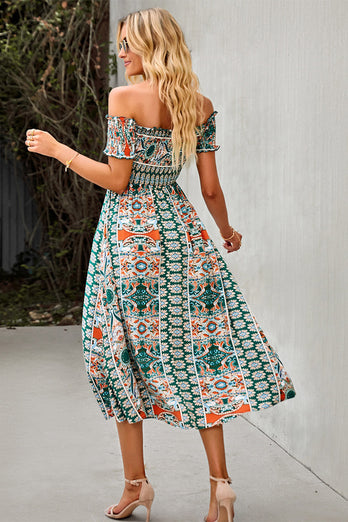 Off the Shoulder Bohemian Style Printed Apricot Summer Dress