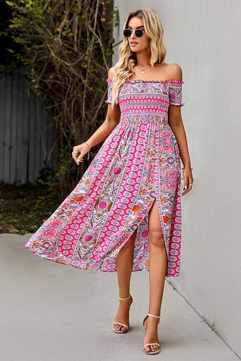 Off the Shoulder Bohemian Style Printed Apricot Summer Dress