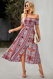 Off the Shoulder Bohemian Style Printed Apricot Summer Dress