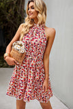 Halter Neck Flower Floral Printed Pink Summer Dress