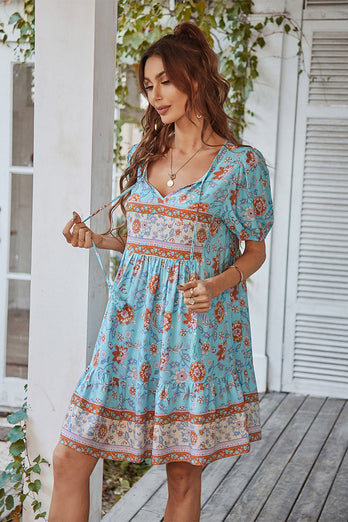 V Neck Bohemian Style Printed Blue Summer Dress