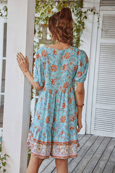 V Neck Bohemian Style Printed Blue Summer Dress