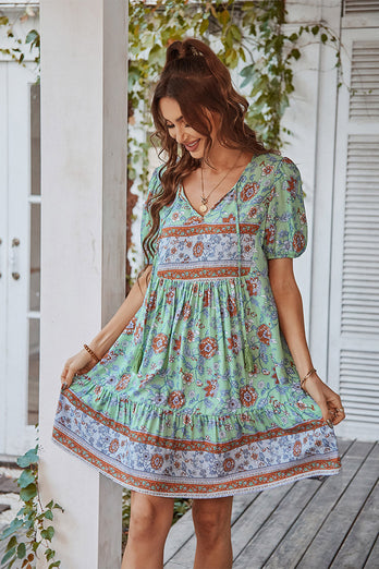 V Neck Bohemian Style Printed Blue Summer Dress