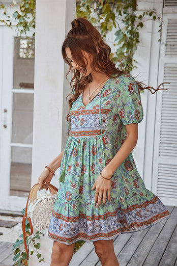 V Neck Bohemian Style Printed Blue Summer Dress