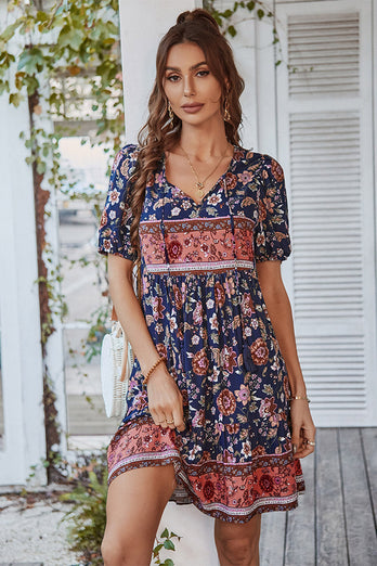 V Neck Bohemian Style Printed Blue Summer Dress