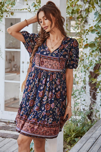 V Neck Bohemian Style Printed Blue Summer Dress