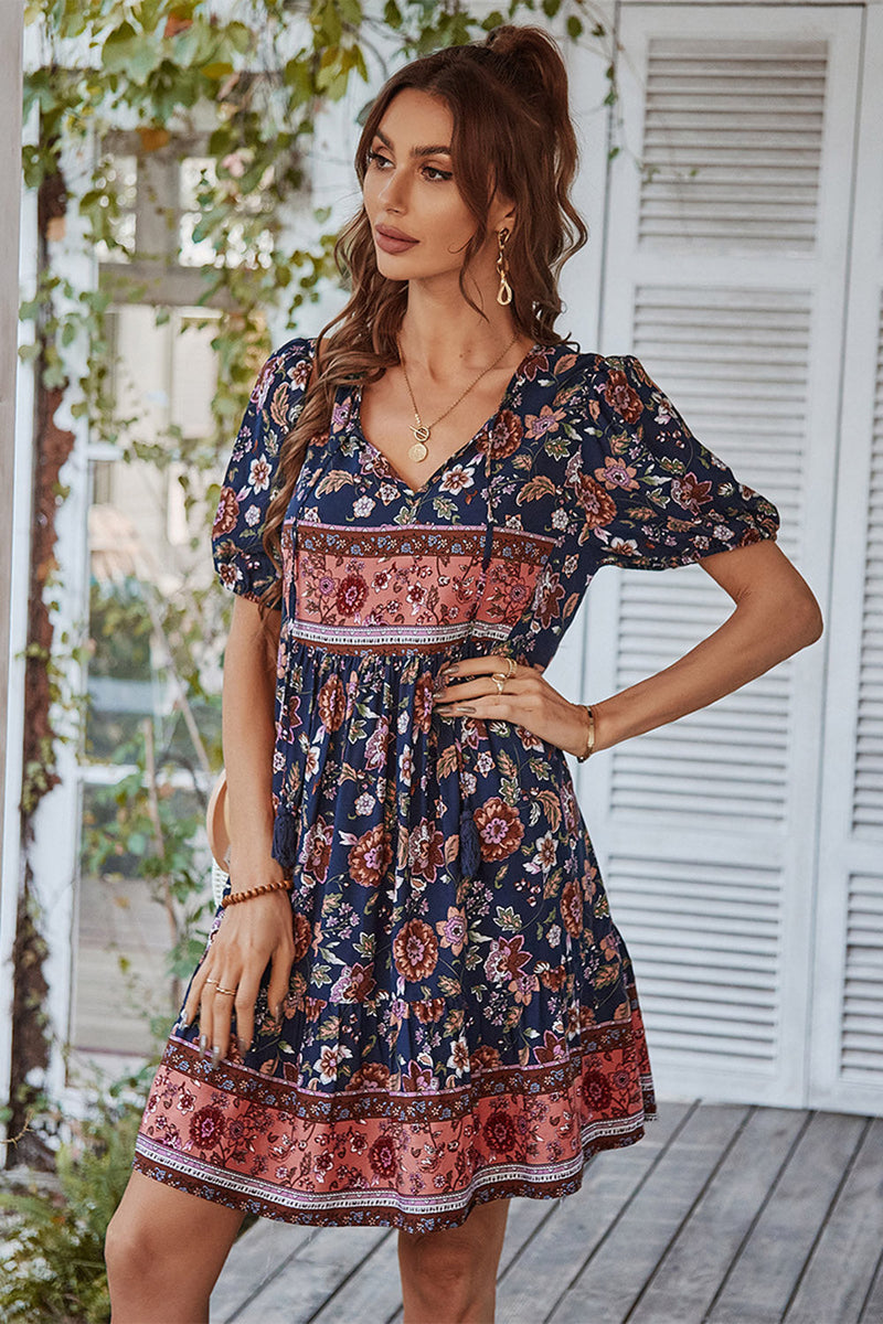 Load image into Gallery viewer, V Neck Bohemian Style Printed Blue Summer Dress