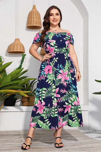 Plus Size Black Printed Off the Shoulder Boho Maxi Dress