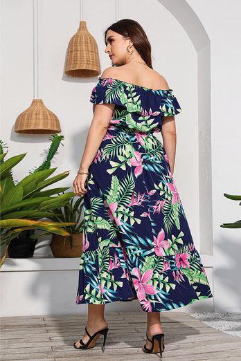 Plus Size Black Printed Off the Shoulder Boho Maxi Dress