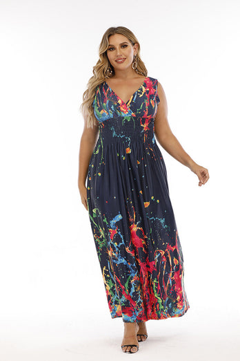 Plus Size Blue Printed Maxi Summer Dress