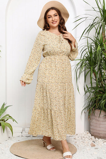 Plus Size Beige Tiny Floral Long Sleeves Boho Summer Dress