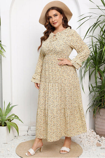 Plus Size Beige Tiny Floral Long Sleeves Boho Summer Dress