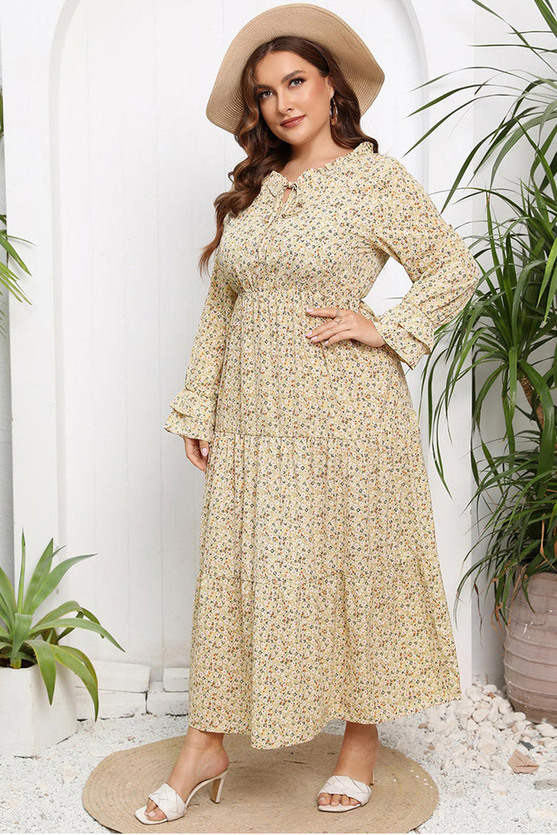 Load image into Gallery viewer, Plus Size Beige Tiny Floral Long Sleeves Boho Summer Dress