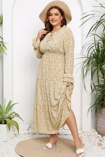 Plus Size Beige Tiny Floral Long Sleeves Boho Summer Dress