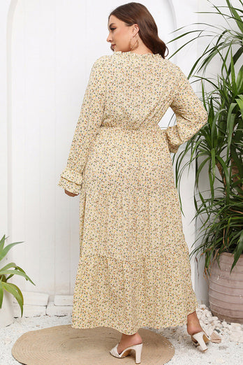 Plus Size Beige Tiny Floral Long Sleeves Boho Summer Dress