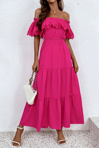 Hot Pink Off The Shoulder Lace Maxi Summer Dress