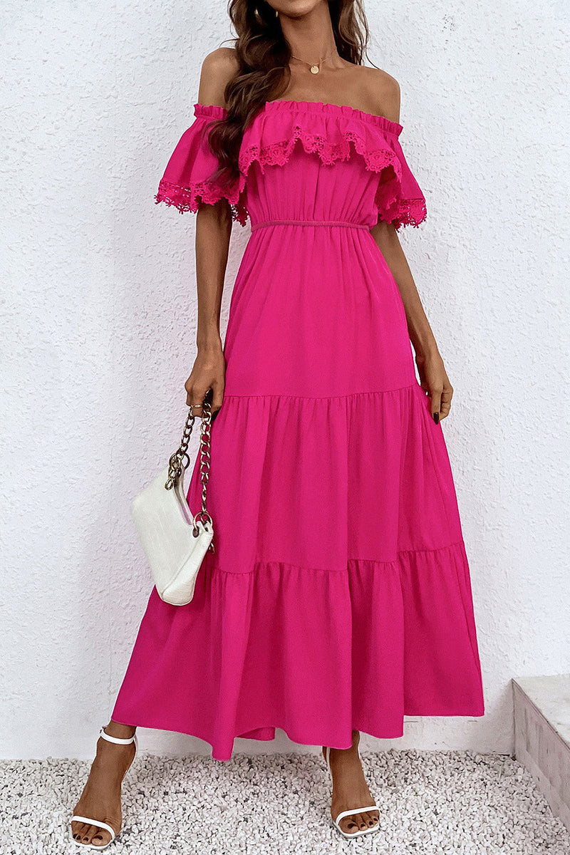 Load image into Gallery viewer, Hot Pink Off The Shoulder Lace Maxi Summer Dress