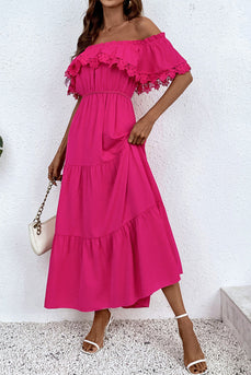 Hot Pink Off The Shoulder Lace Maxi Summer Dress