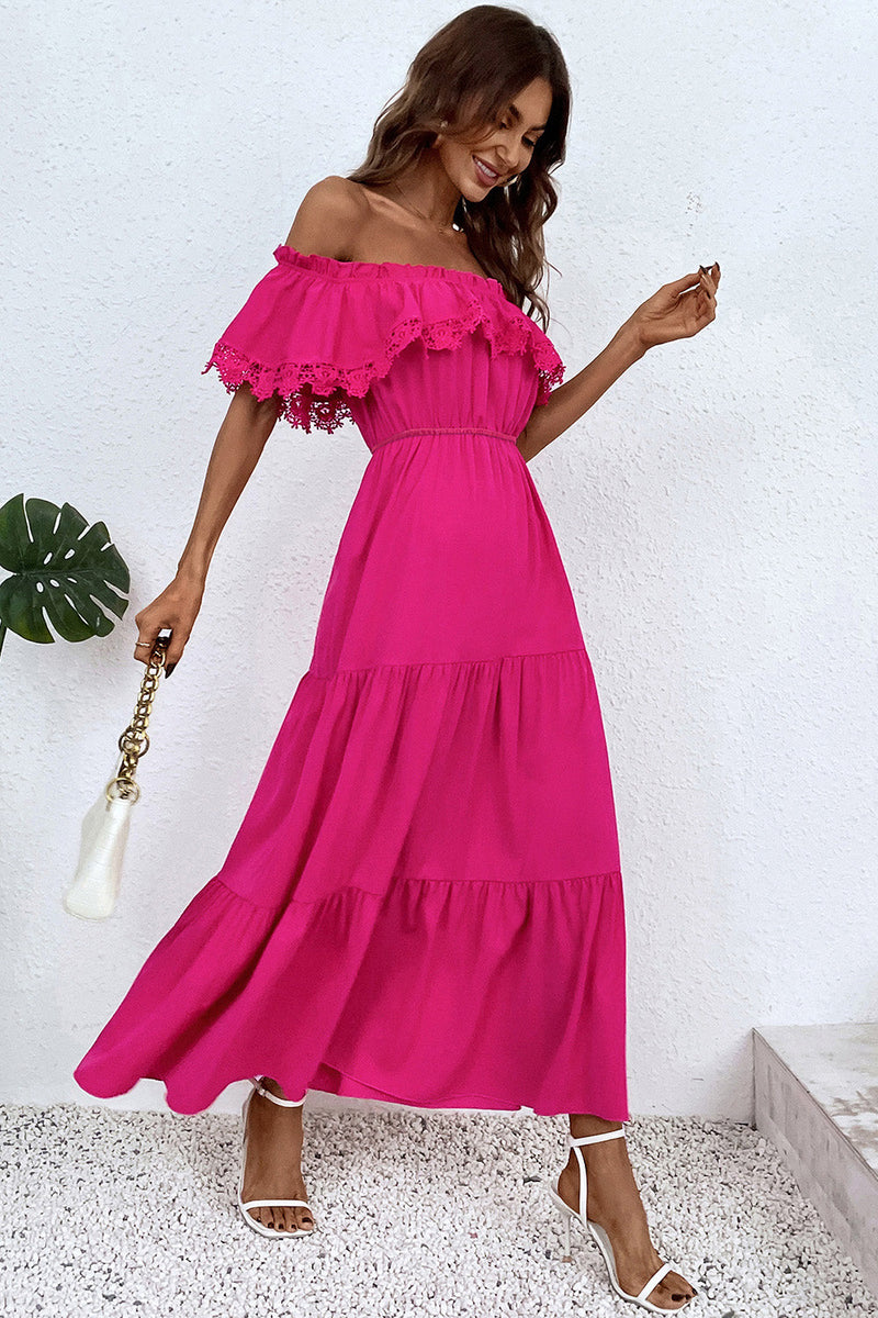 Load image into Gallery viewer, Hot Pink Off The Shoulder Lace Maxi Summer Dress