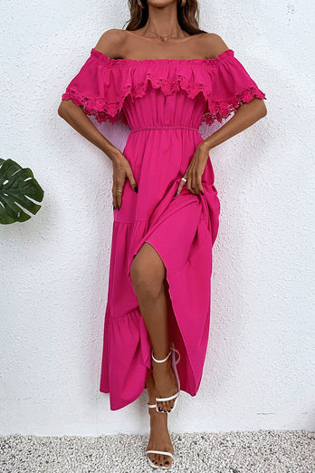 Hot Pink Off The Shoulder Lace Maxi Summer Dress