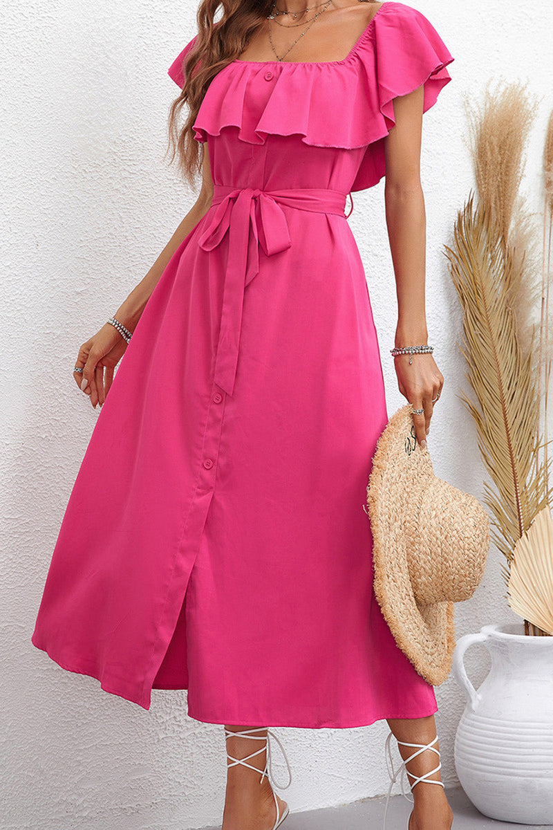 Load image into Gallery viewer, Hot Pink Square Neck Ruffled Summer Dress