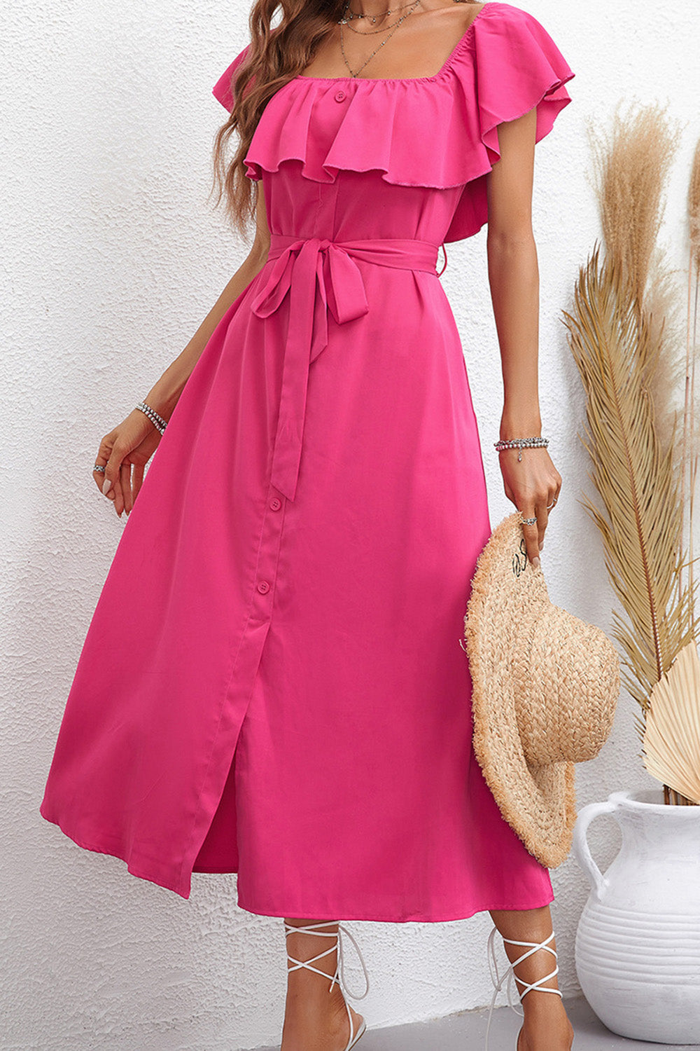 Hot Pink Square Neck Ruffled Summer Dress