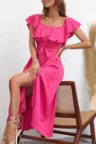 Hot Pink Square Neck Ruffled Summer Dress
