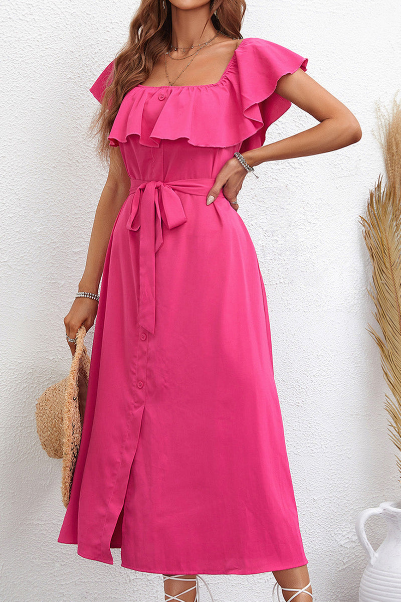 Load image into Gallery viewer, Hot Pink Square Neck Ruffled Summer Dress