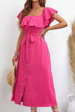 Hot Pink Square Neck Ruffled Summer Dress
