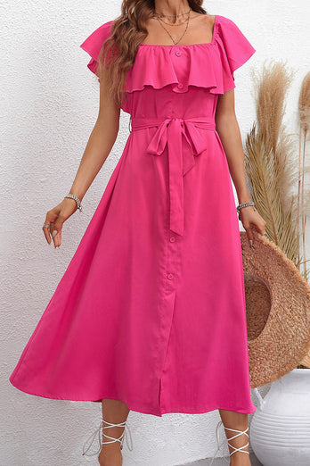 Hot Pink Square Neck Ruffled Summer Dress