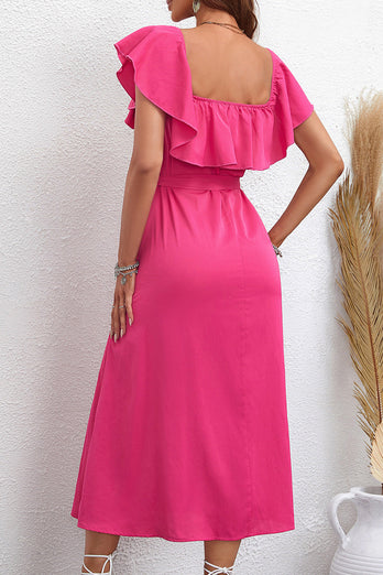 Hot Pink Square Neck Ruffled Summer Dress