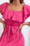 Hot Pink Square Neck Ruffled Summer Dress