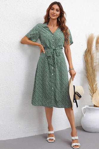 Green Printed V-Neck Short Sleeves Summer Dress