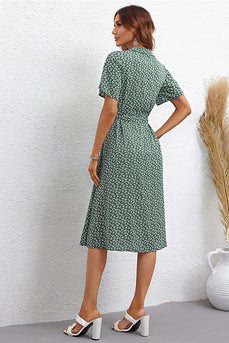 Green Printed V-Neck Short Sleeves Summer Dress