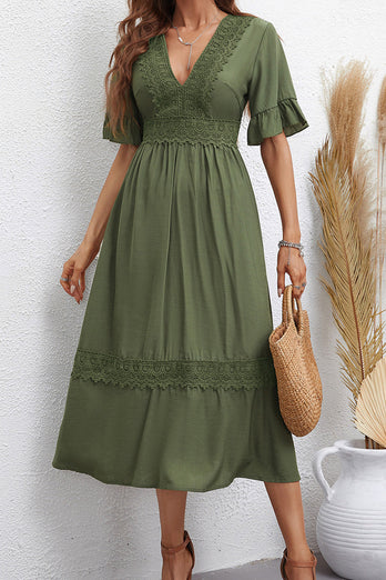 V Neck Green Summer Dress with Short Sleeves