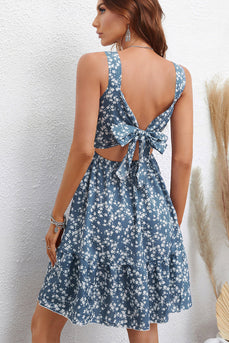 Square Neck Blue Floral Printed Summer Dress with Bowknot