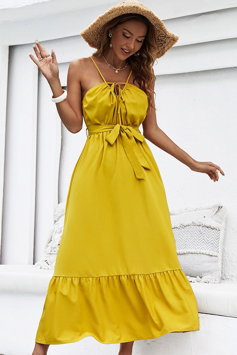 Load image into Gallery viewer, Halter Neck Yellow Holiday Dress with Belt