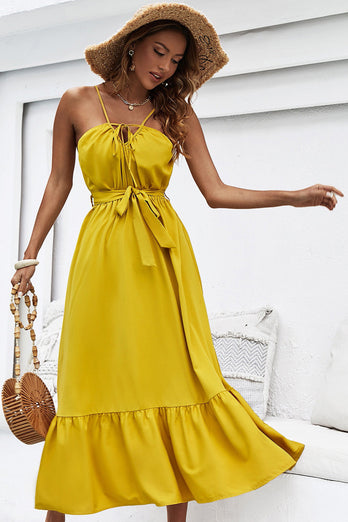 Halter Neck Yellow Holiday Dress with Belt
